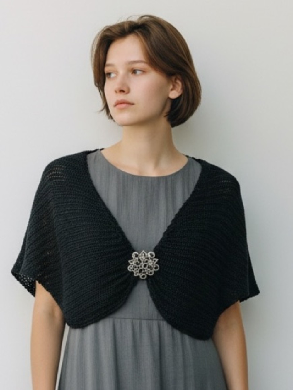White House Black Market  Crochet Shrug with Decorative Brooch Closure